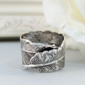 Feather Ring Bird Angel Vintage Antique Silver Gypsy Boho Antique Wedding